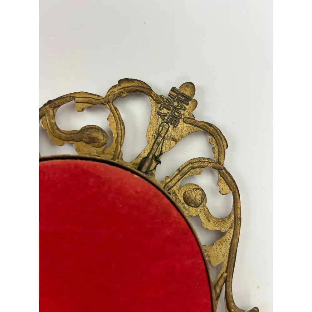 Vintage Ornate Brass Oval Frame Floral Art Made in Italy Set of 2 Convex Glass